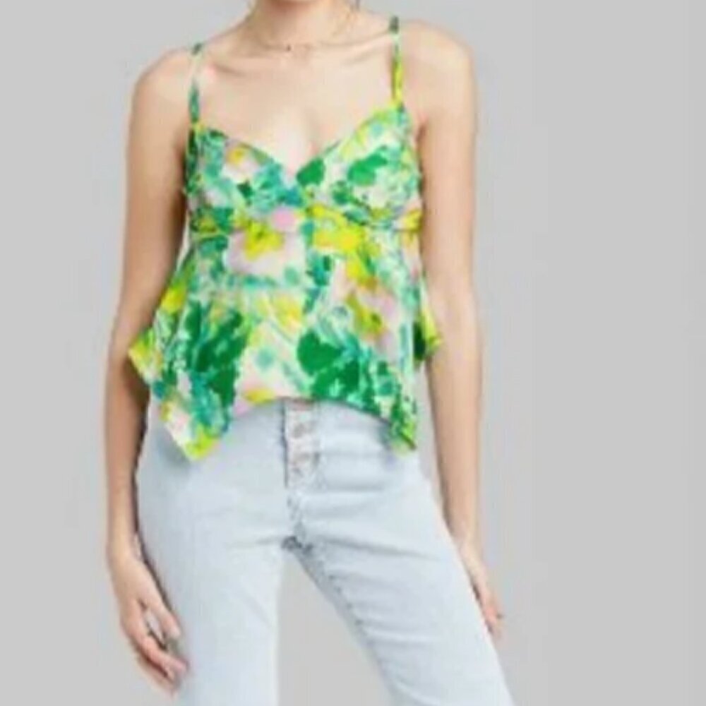 #76 Wild Fable Satin Handkerchief Hem Floral Tank in Green